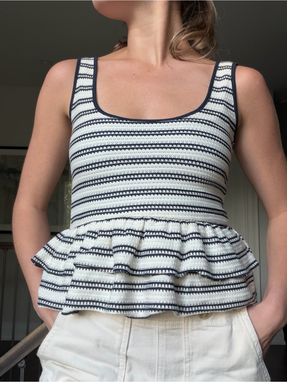 Striped Navy and White Peplum Tank Top